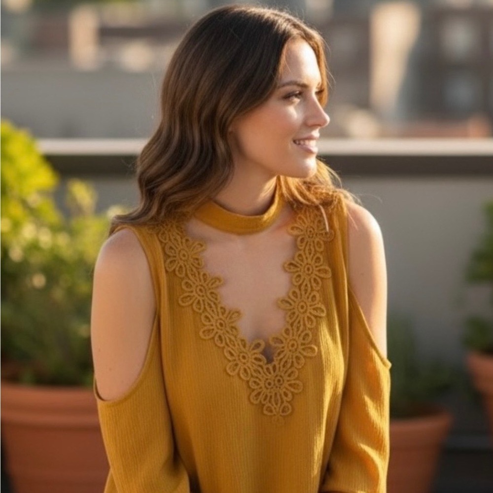 Wonderly Golden Spice Cold Shoulder Lace V-Neck Tie Sleeve Blouse 0X BWT029546P